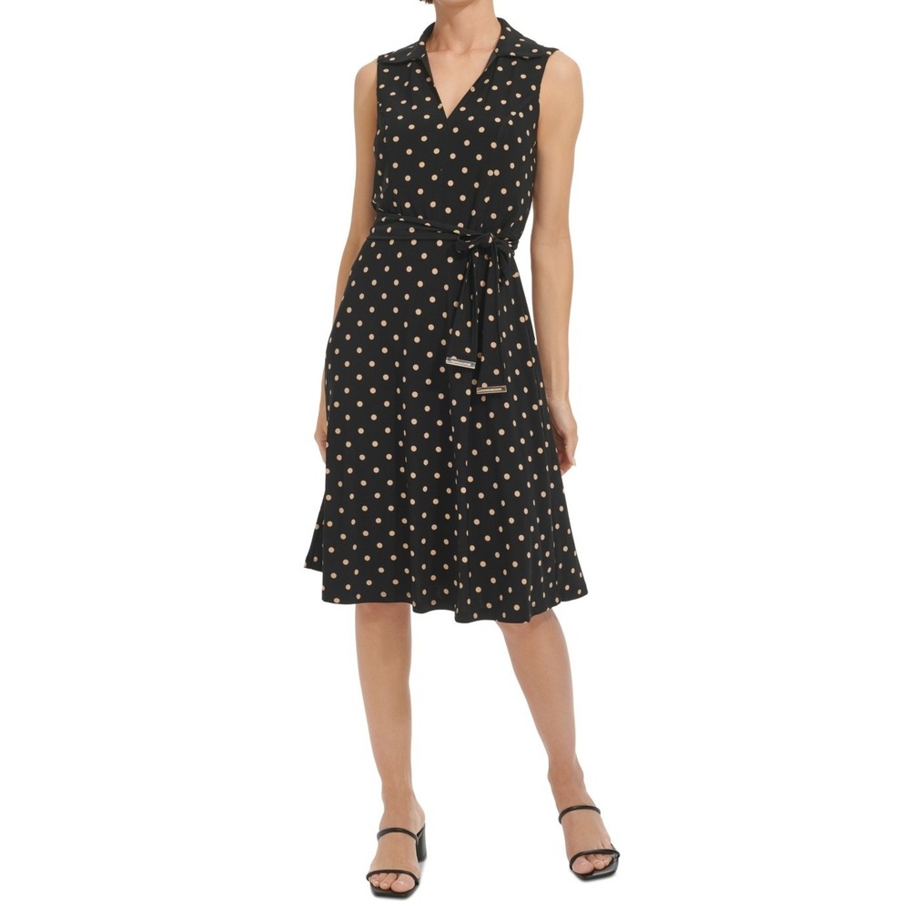$119 Tommy Hilfiger Women's 16 Polka Dot Jersey Tie Waist Collared Dress Black
